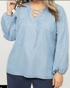 NWT Lane Bryant Size 14 / 16 long Sleeve blue Chambray Top Blouse Tie front